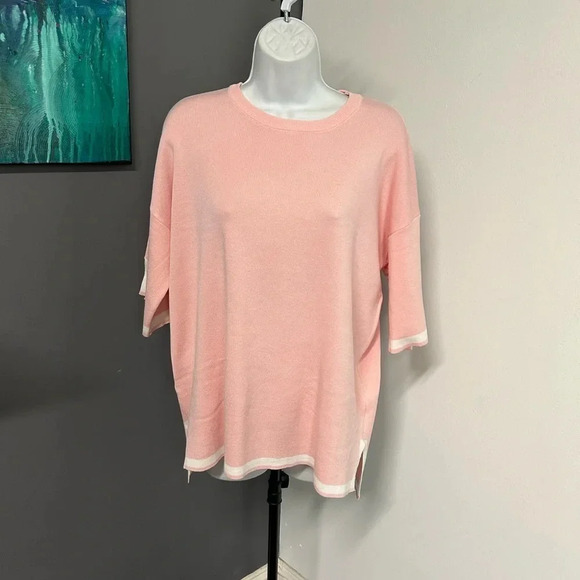 Women’s XL‎ Pink White Scoop Neck Top Split Sleeve Stretch Tunic Preppy Acadamia - Picture 3 of 12